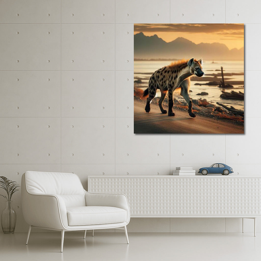 Graceful Hyena Against Sunset Mountains: Safari Dynamics on the Wall