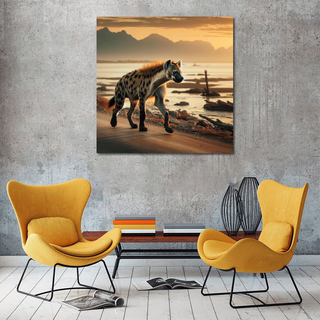 Graceful Hyena Against Sunset Mountains: Safari Dynamics on the Wall
