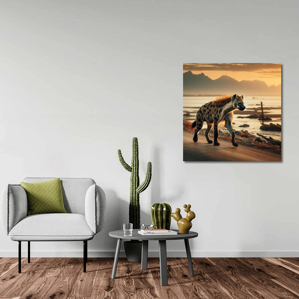 Graceful Hyena Against Sunset Mountains: Safari Dynamics on the Wall