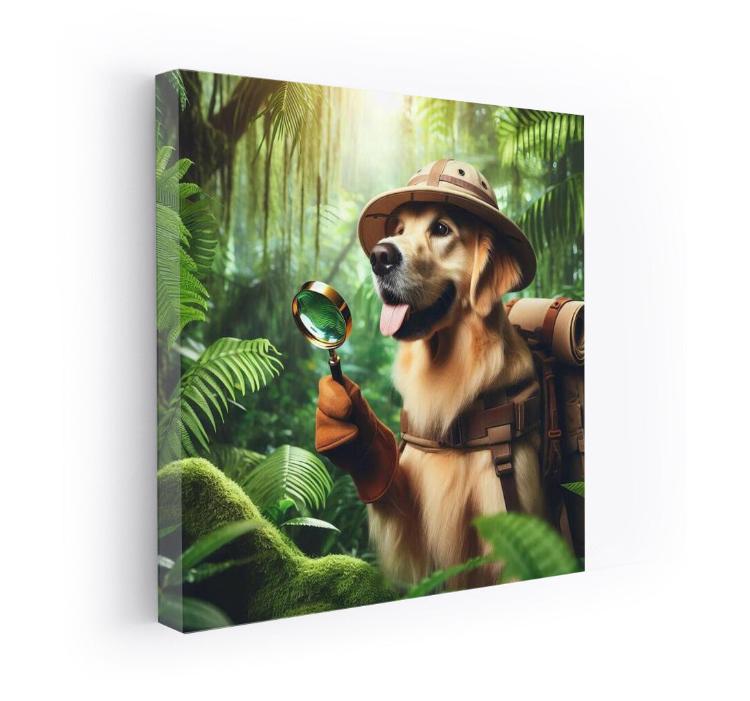 Tropical Explorer: Dog with Lupa and Backpack in the Jungle