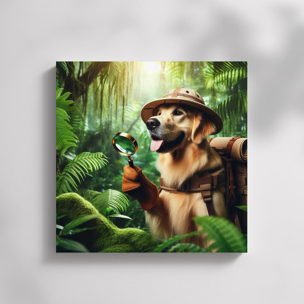 Tropical Explorer: Dog with Lupa and Backpack in the Jungle