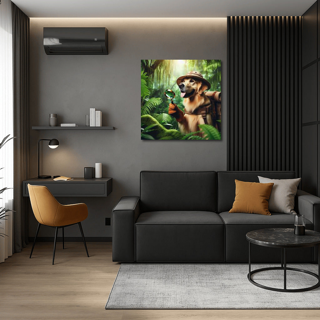 Tropical Explorer: Dog with Lupa and Backpack in the Jungle