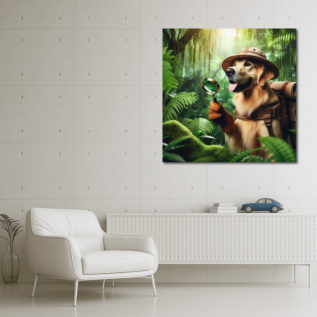 Tropical Explorer: Dog with Lupa and Backpack in the Jungle
