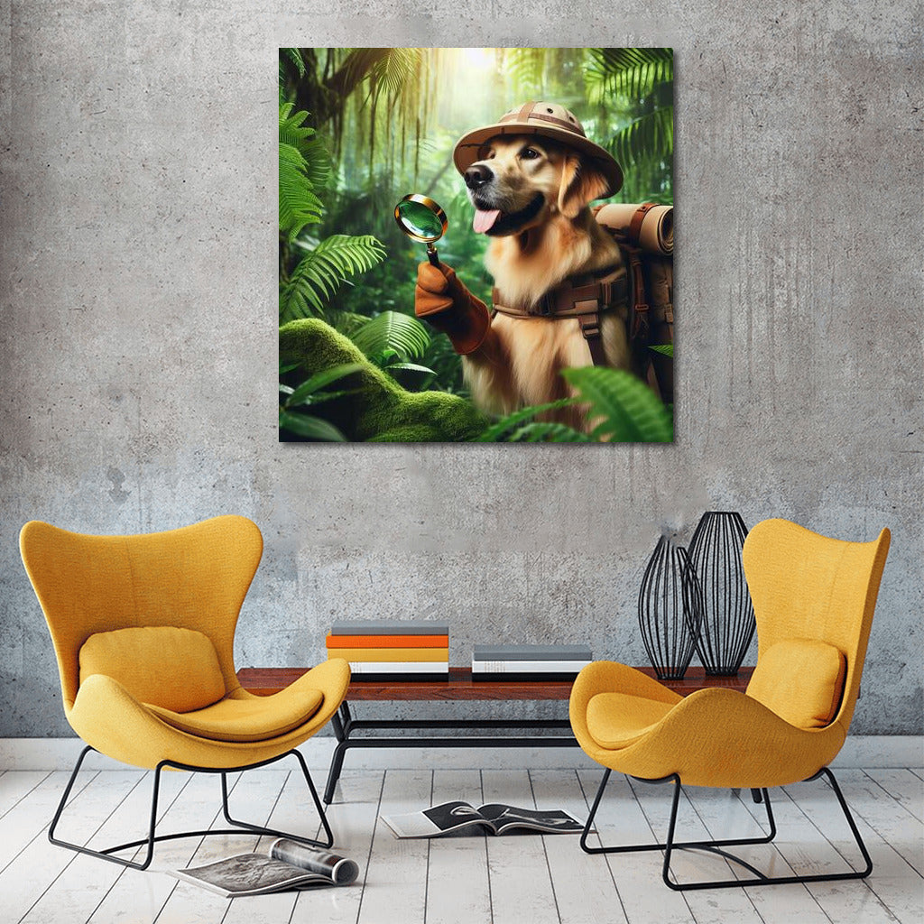 Tropical Explorer: Dog with Lupa and Backpack in the Jungle