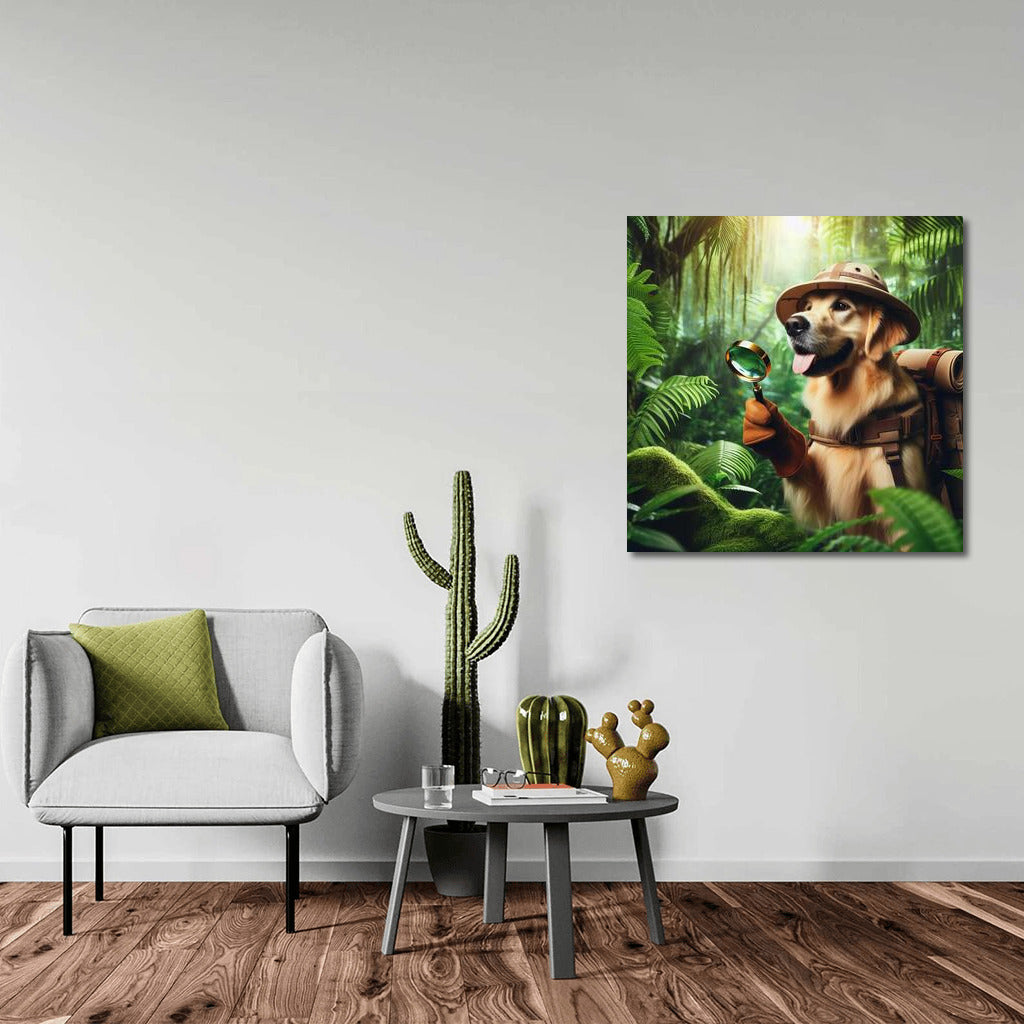 Tropical Explorer: Dog with Lupa and Backpack in the Jungle