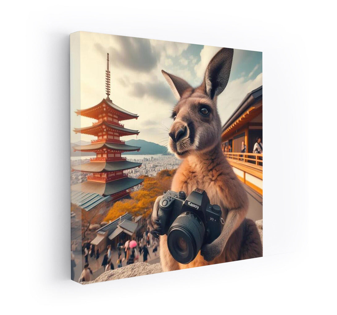 A traveling kangaroo with a camera in a Japanese fairy tale