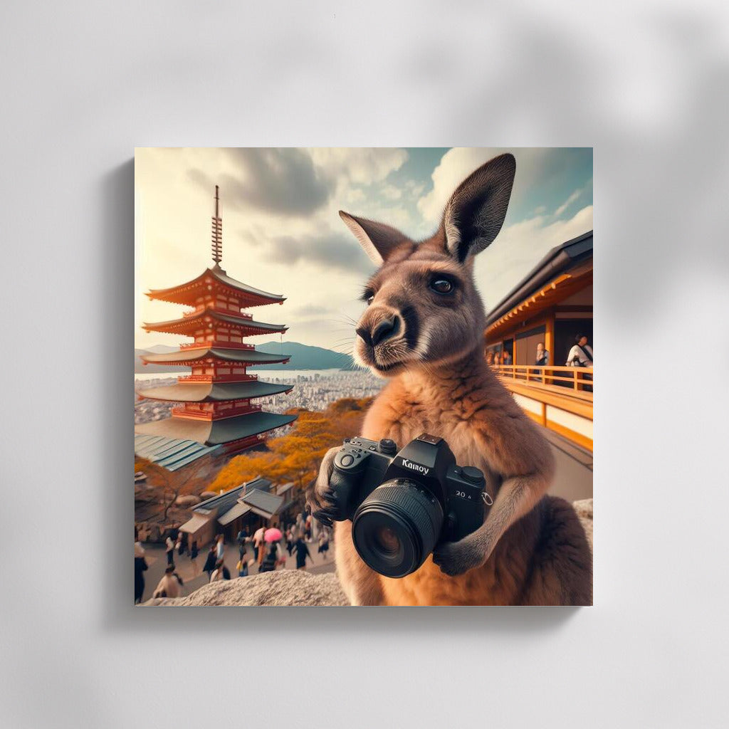 A traveling kangaroo with a camera in a Japanese fairy tale