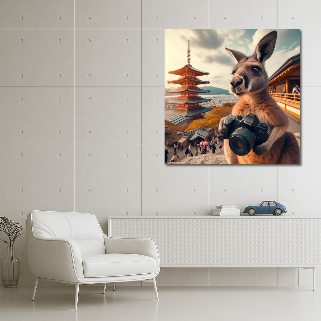 A traveling kangaroo with a camera in a Japanese fairy tale