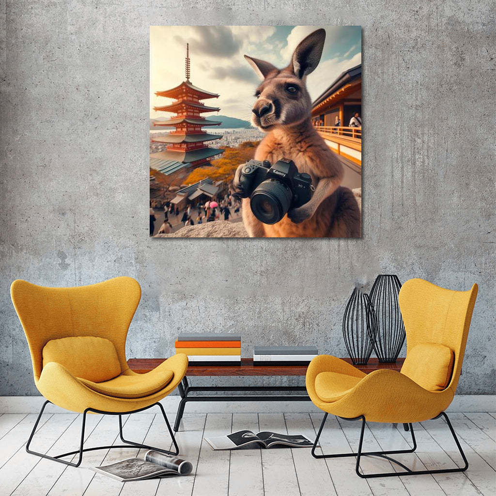 A traveling kangaroo with a camera in a Japanese fairy tale