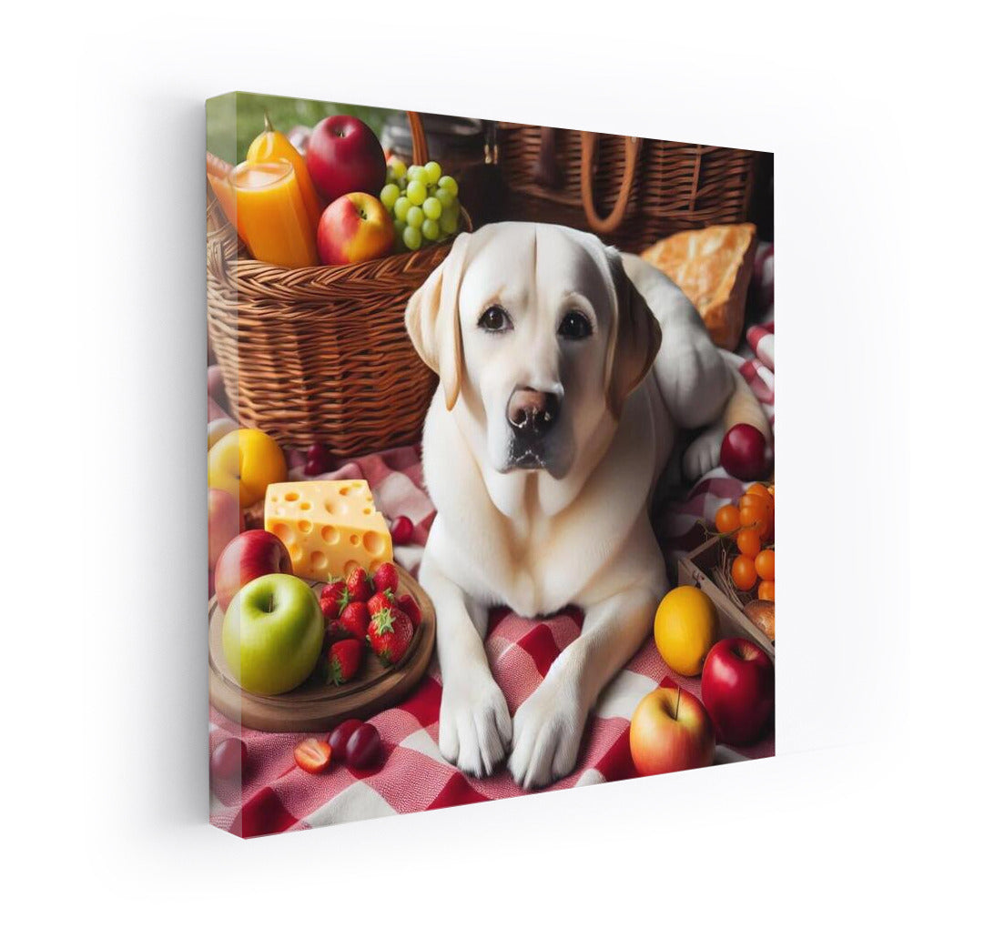 Labrador on a Picnic: Cozy on a Checkered Blanket Among Fruits and Cheese