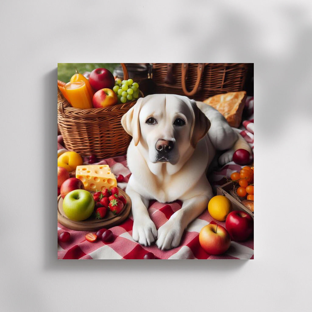 Labrador on a Picnic: Cozy on a Checkered Blanket Among Fruits and Cheese