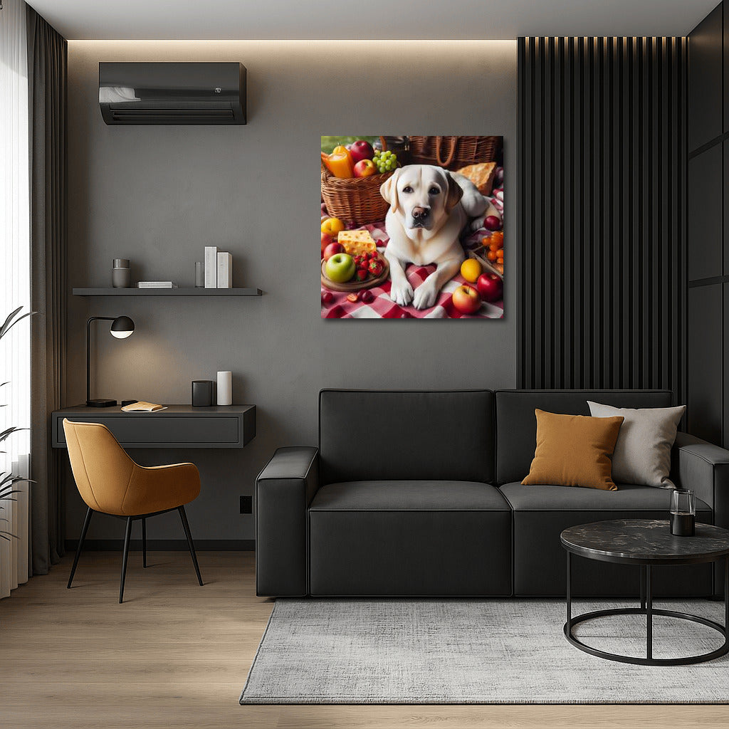 Labrador on a Picnic: Cozy on a Checkered Blanket Among Fruits and Cheese