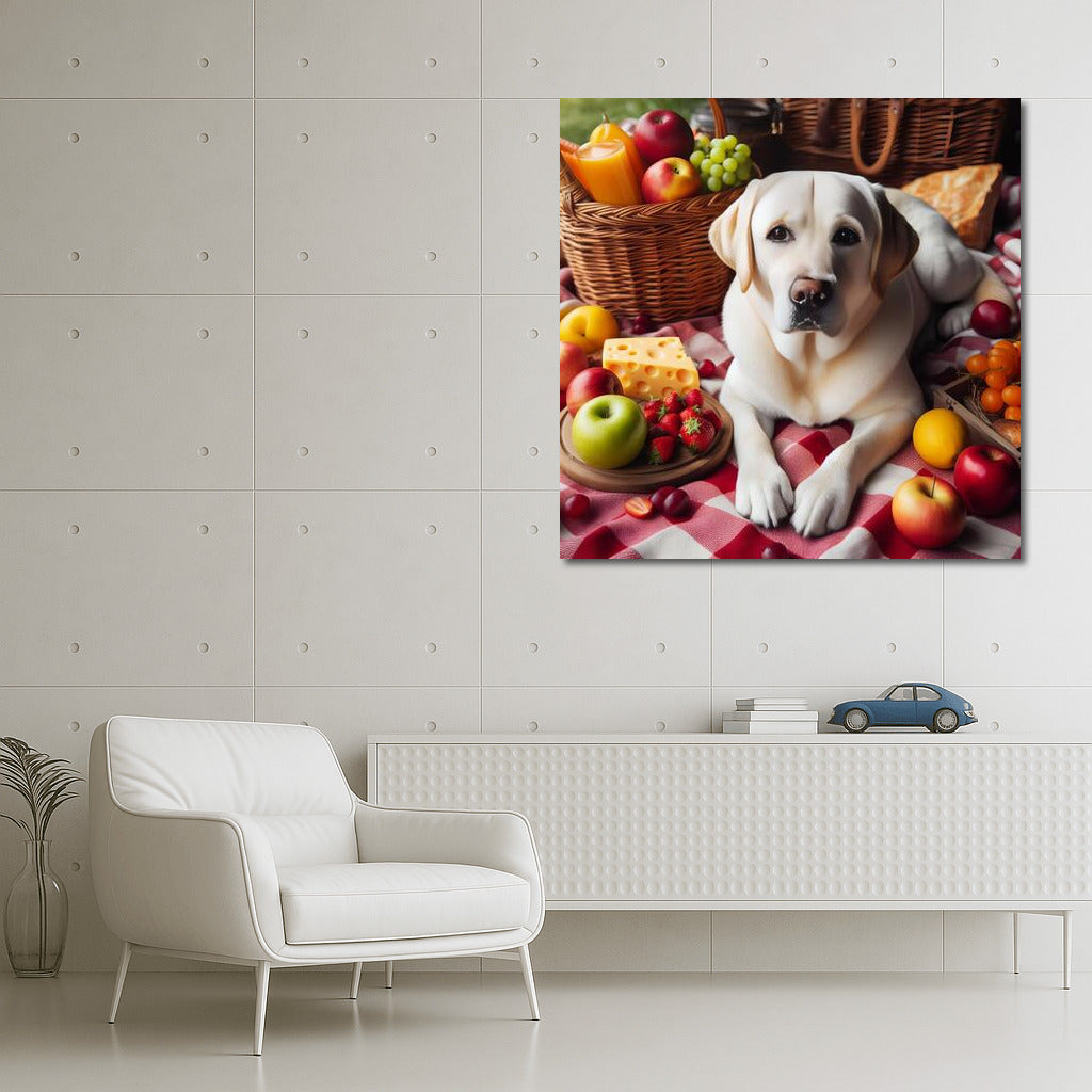 Labrador on a Picnic: Cozy on a Checkered Blanket Among Fruits and Cheese