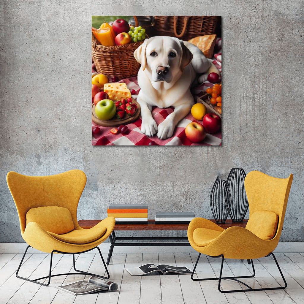 Labrador on a Picnic: Cozy on a Checkered Blanket Among Fruits and Cheese