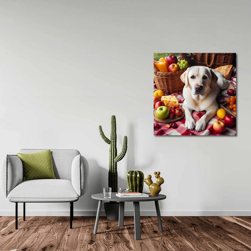 Labrador on a Picnic: Cozy on a Checkered Blanket Among Fruits and Cheese