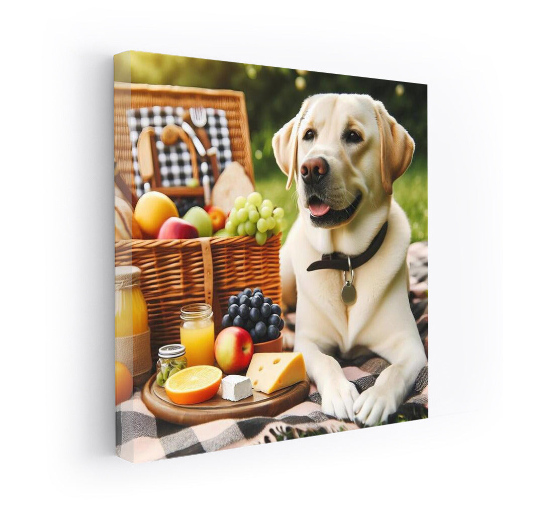 Labrador on a picnic: a furry gourmet among fruits and cheese