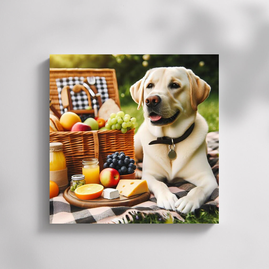 Labrador on a picnic: a furry gourmet among fruits and cheese
