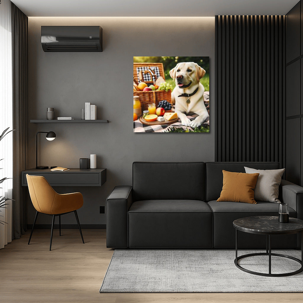 Labrador on a picnic: a furry gourmet among fruits and cheese