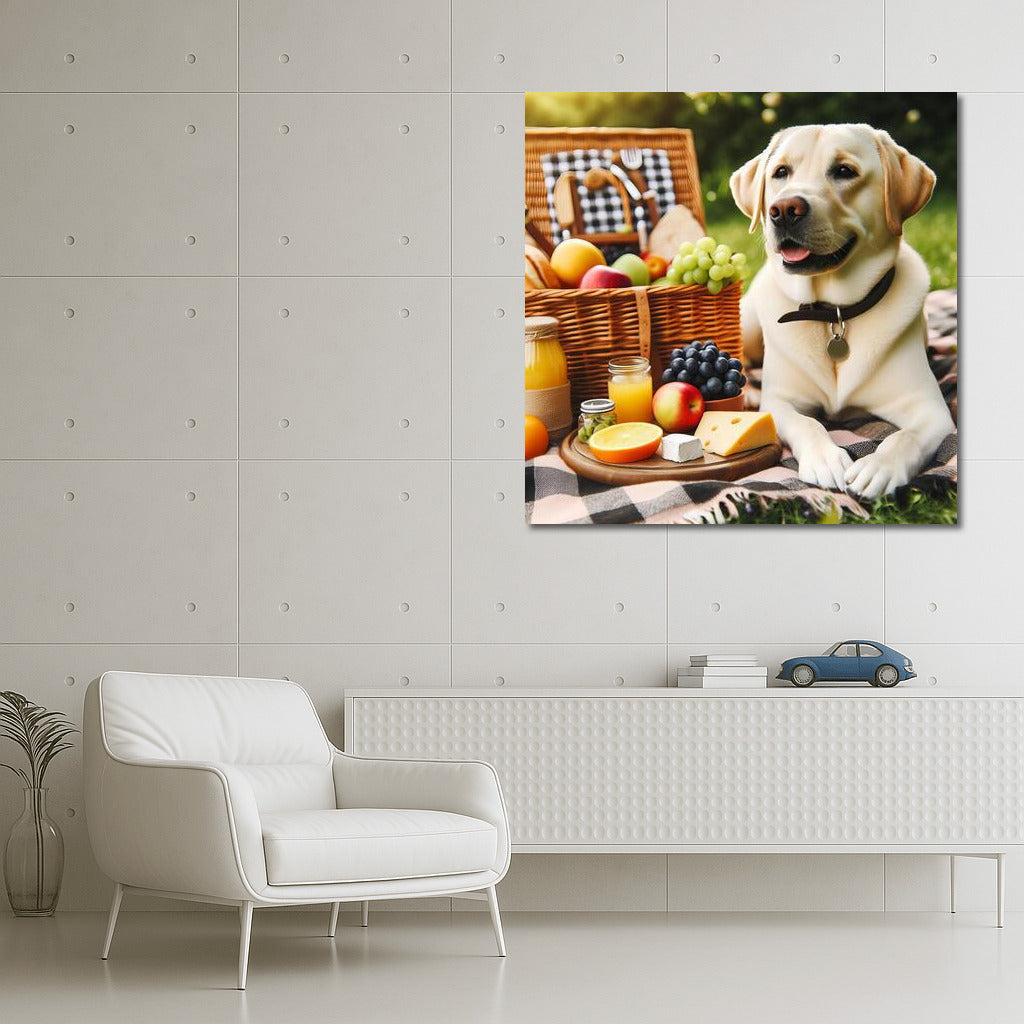Labrador on a picnic: a furry gourmet among fruits and cheese