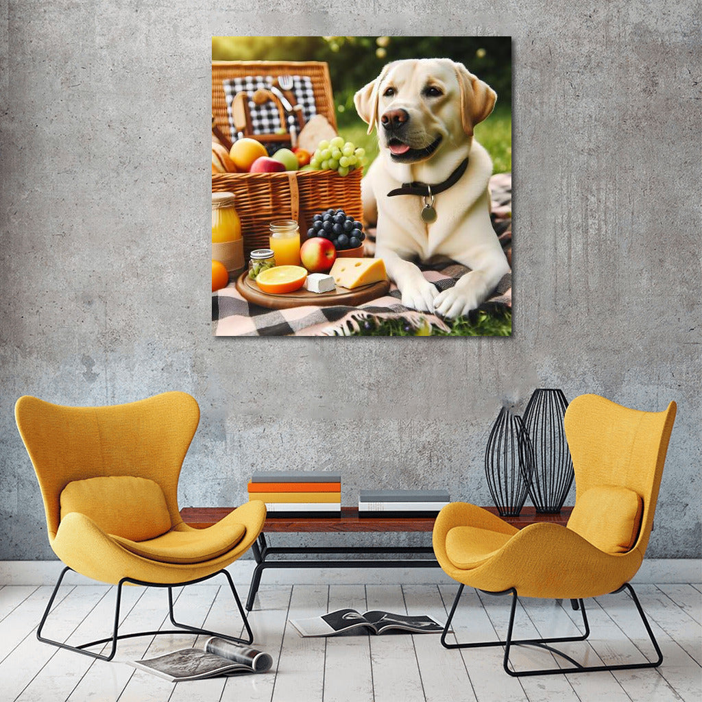 Labrador on a picnic: a furry gourmet among fruits and cheese