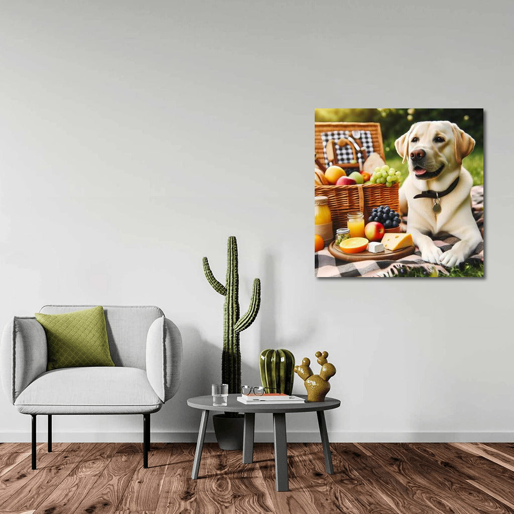 Labrador on a picnic: a furry gourmet among fruits and cheese