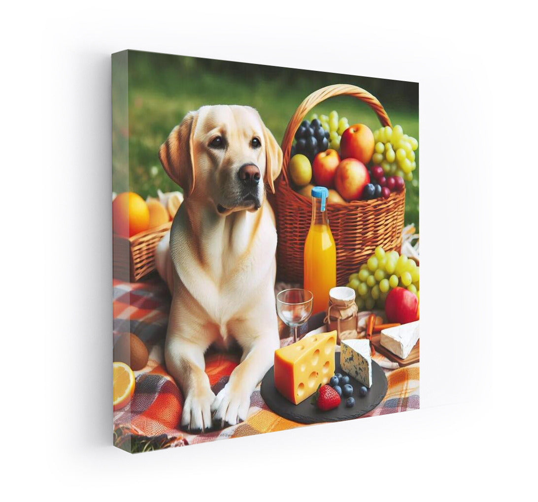 Labrador on a plaid blanket: picnic with fruits and cheese
