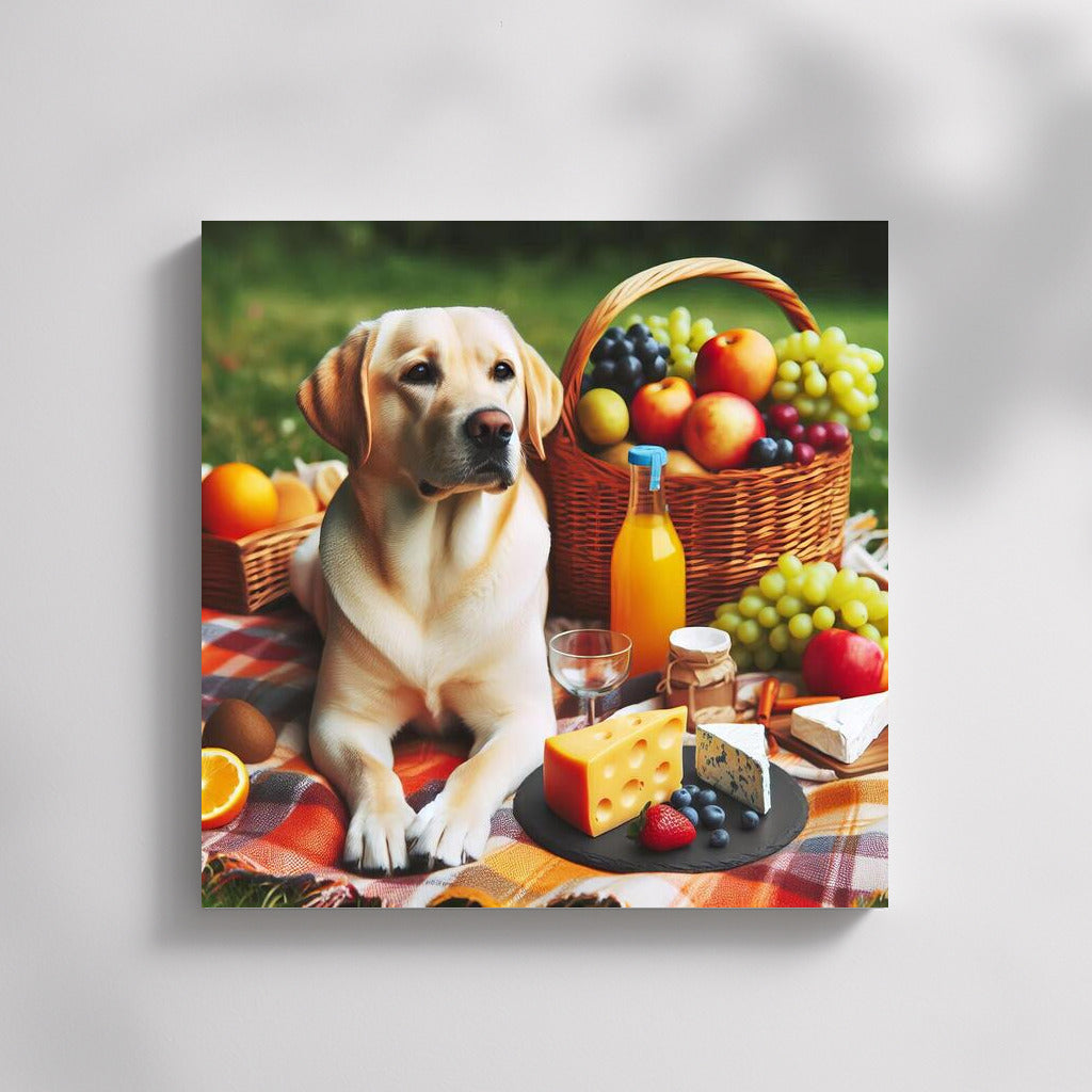 Labrador on a plaid blanket: picnic with fruits and cheese