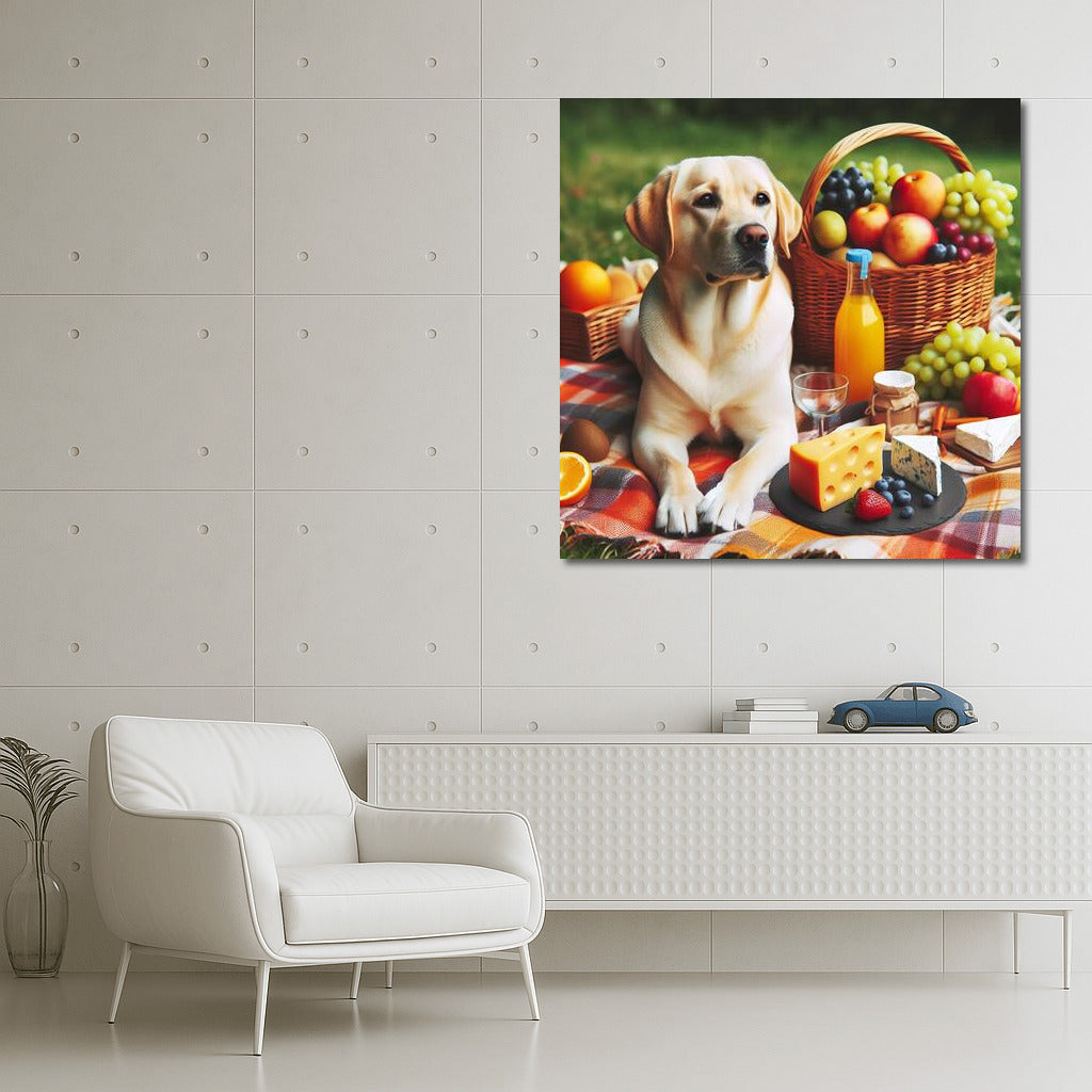 Labrador on a plaid blanket: picnic with fruits and cheese