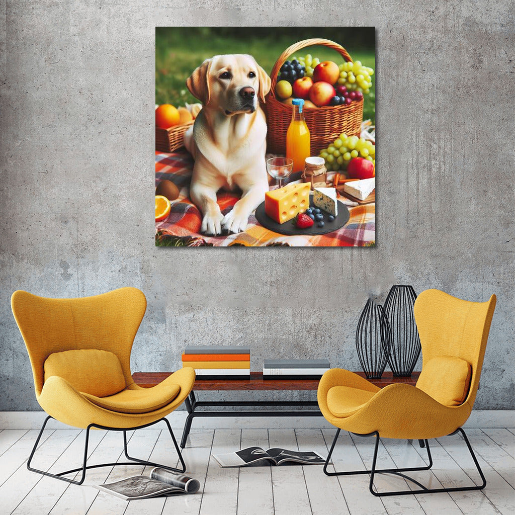 Labrador on a plaid blanket: picnic with fruits and cheese