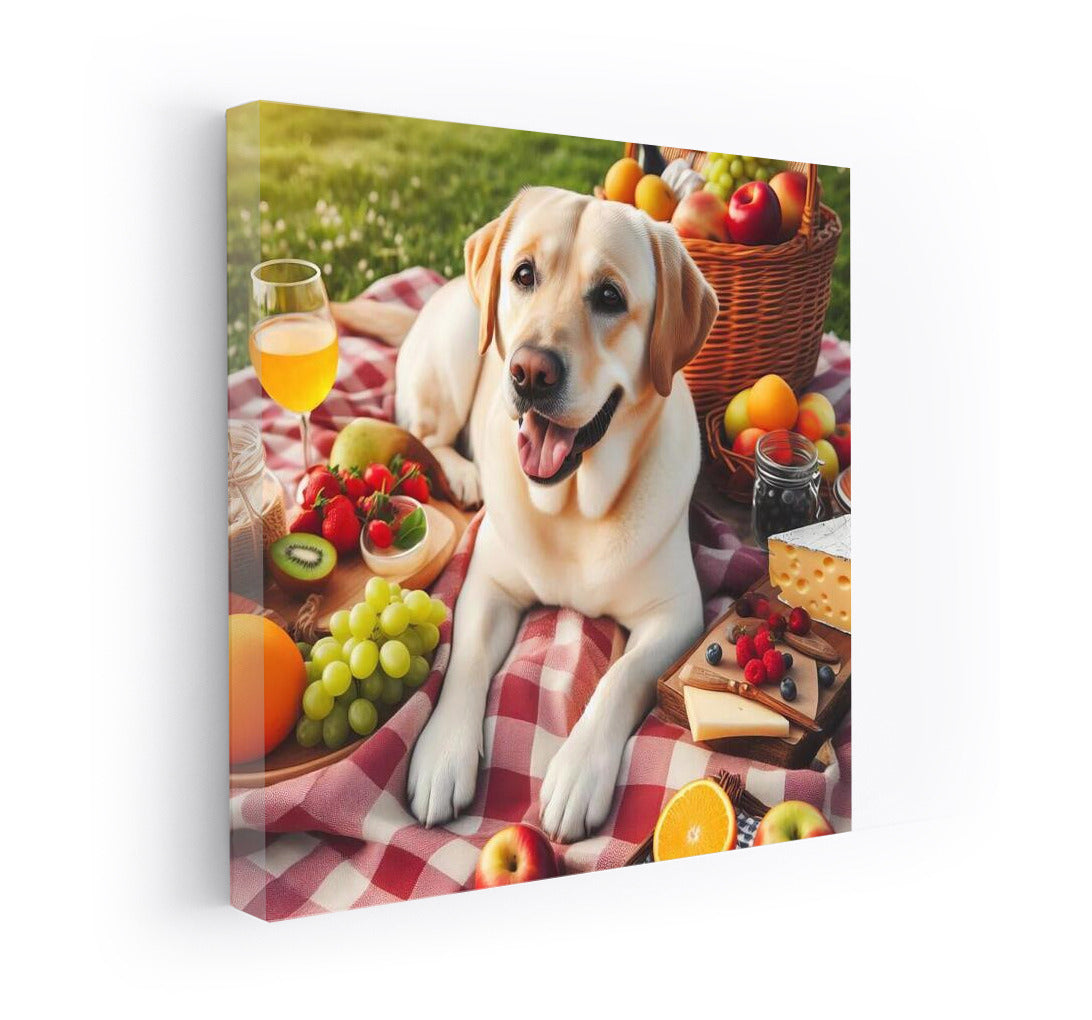 Labrador on a picnic: fruity and cheesy charm on a plaid blanket