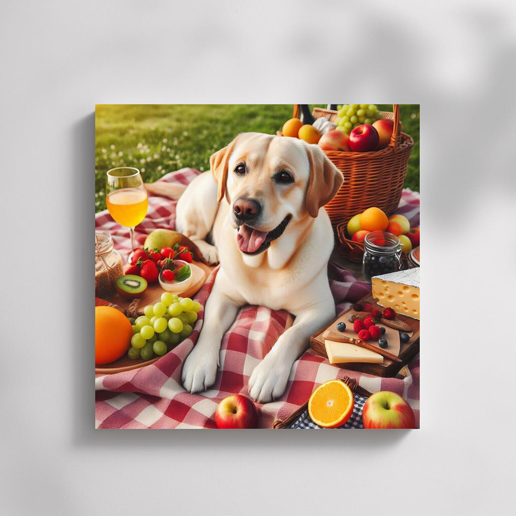 Labrador on a picnic: fruity and cheesy charm on a plaid blanket