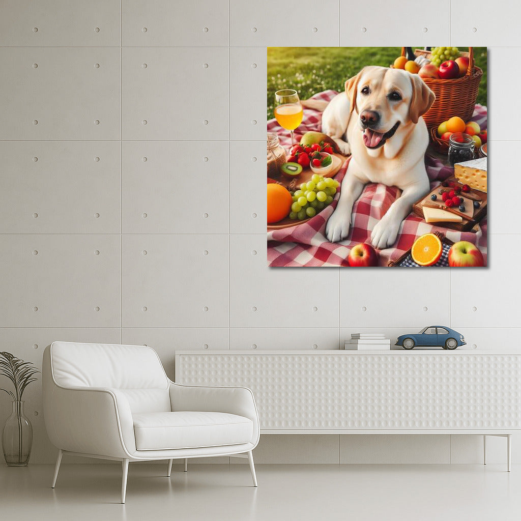 Labrador on a picnic: fruity and cheesy charm on a plaid blanket