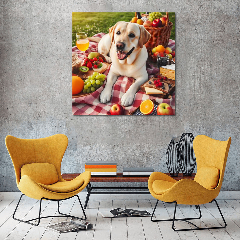 Labrador on a picnic: fruity and cheesy charm on a plaid blanket