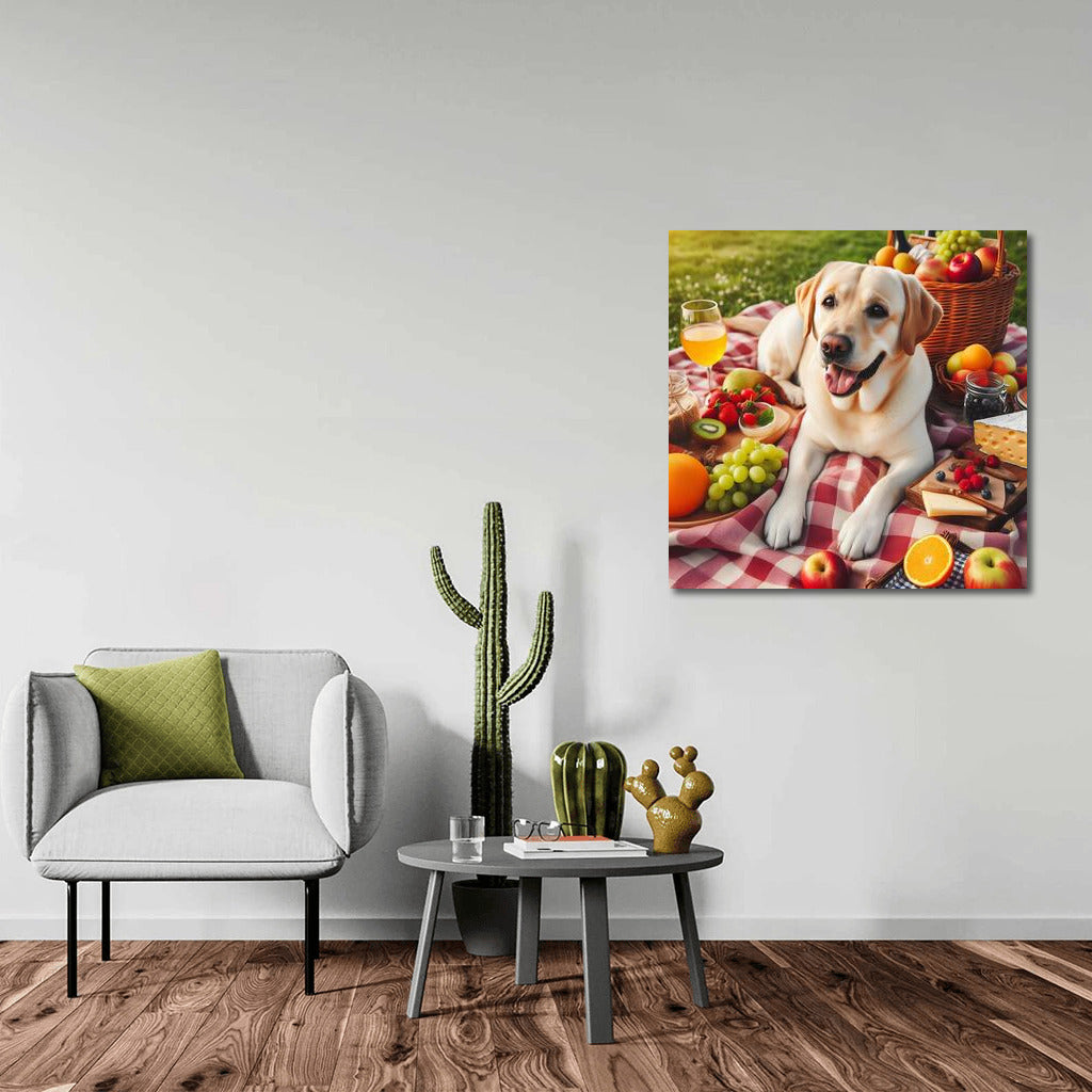 Labrador on a picnic: fruity and cheesy charm on a plaid blanket