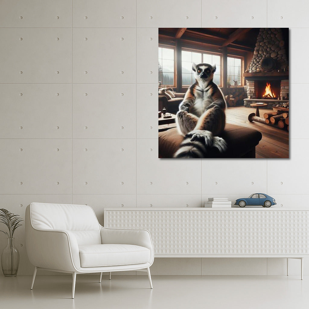 Lemur at the Fireplace Cozy in the Mountain Hut