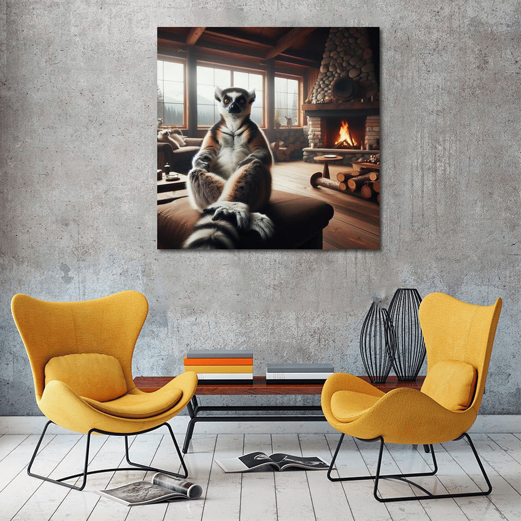 Lemur at the Fireplace Cozy in the Mountain Hut