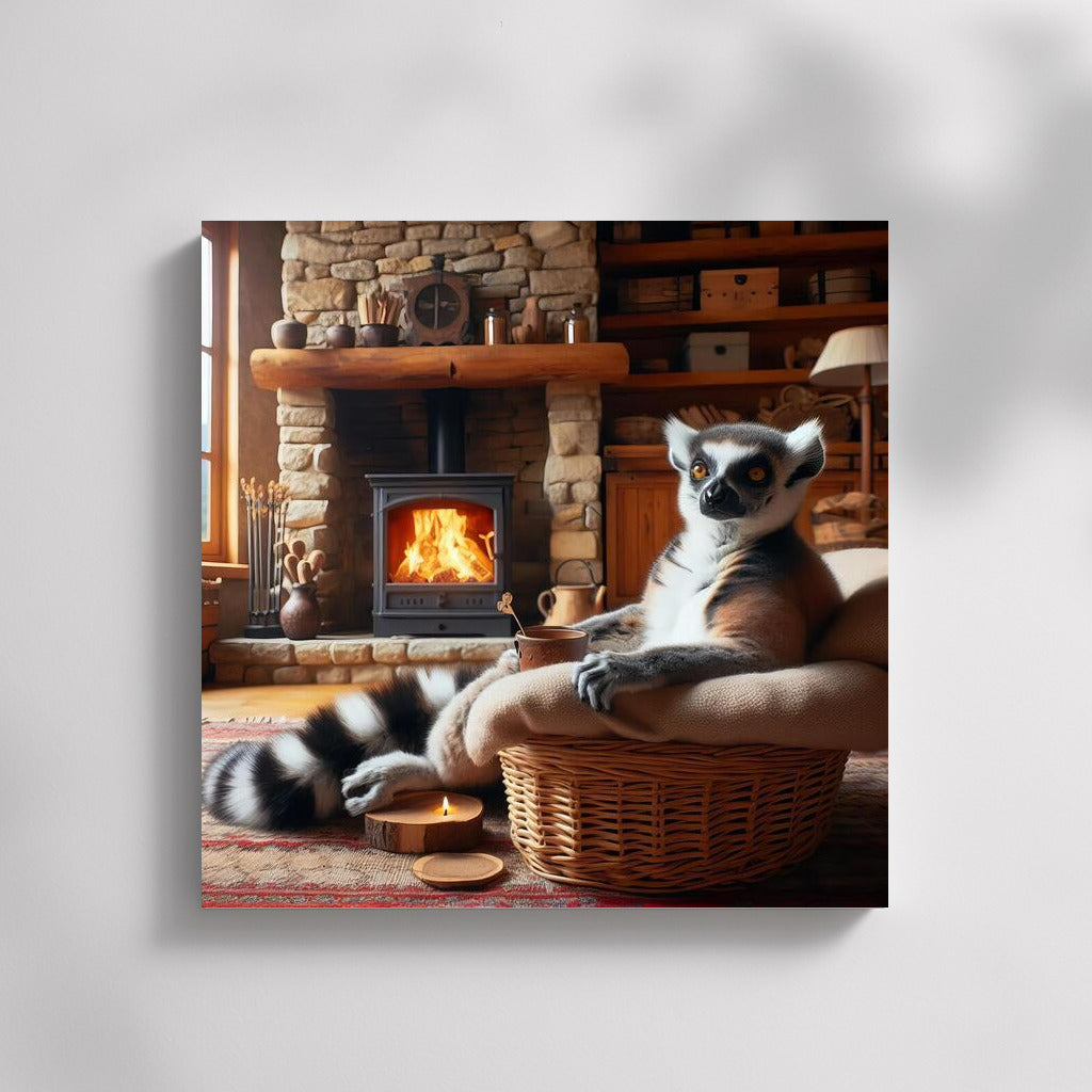Lemur by the Fireplace in the Mountain Hut: Comfort and Tranquility