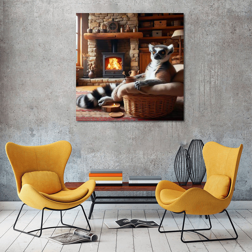 Lemur by the Fireplace in the Mountain Hut: Comfort and Tranquility