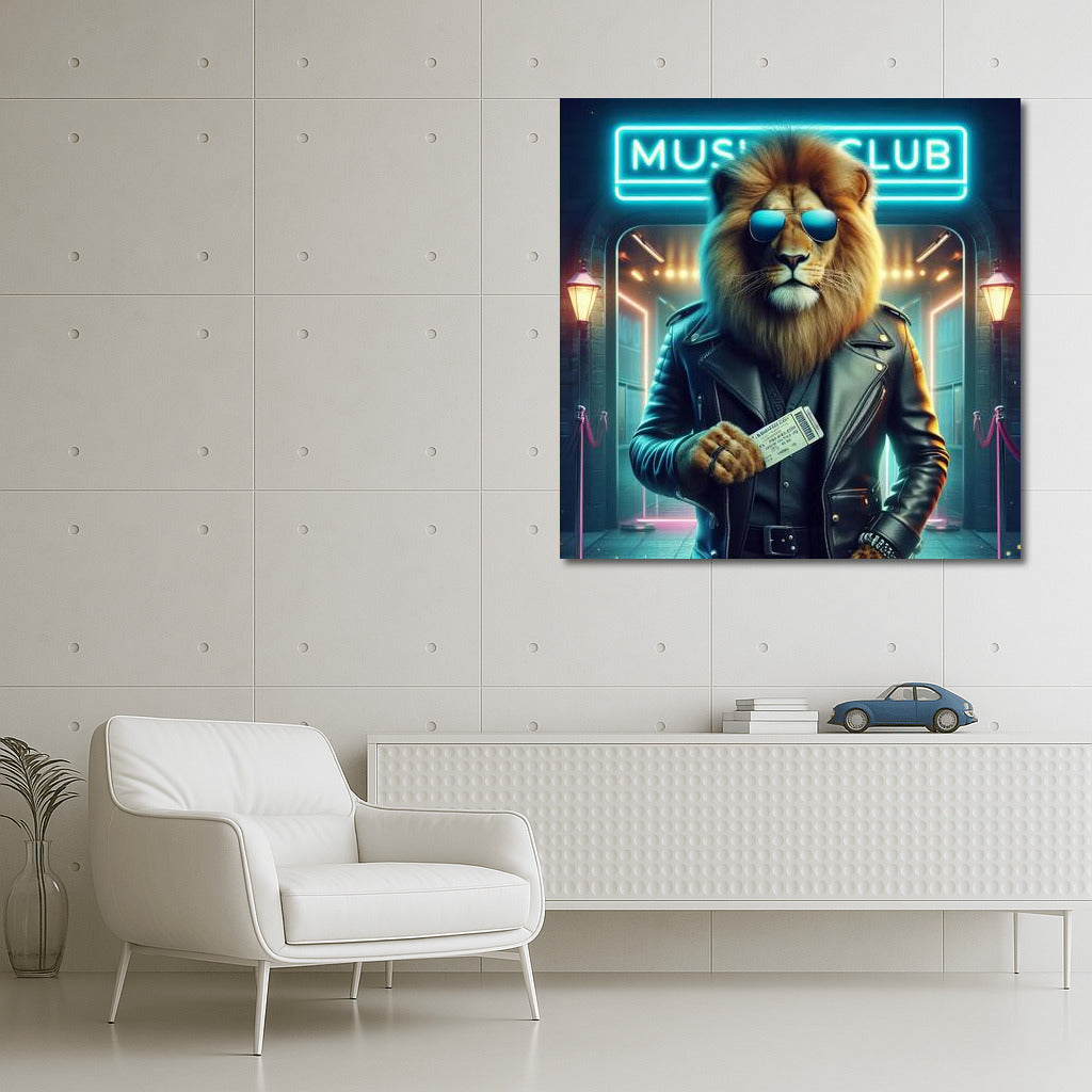 Rock'n'Roll Lion in a Leather Jacket at the Music Club