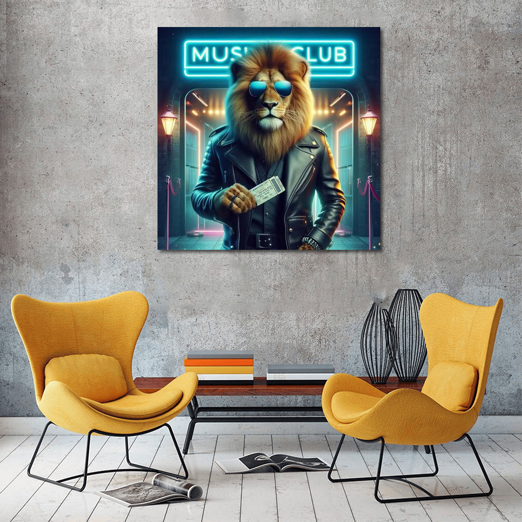 Rock'n'Roll Lion in a Leather Jacket at the Music Club