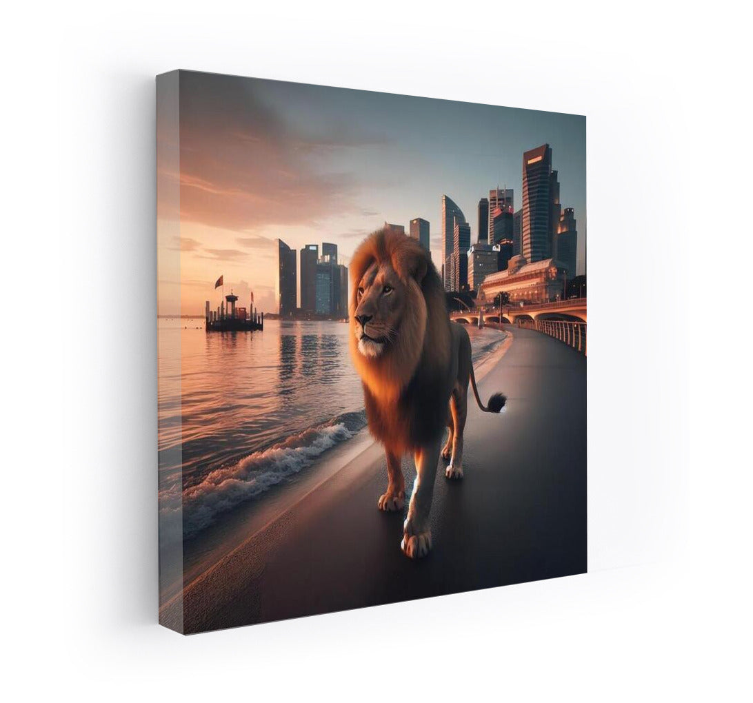 Majestic Lion on the Evening Embankment: City Magic