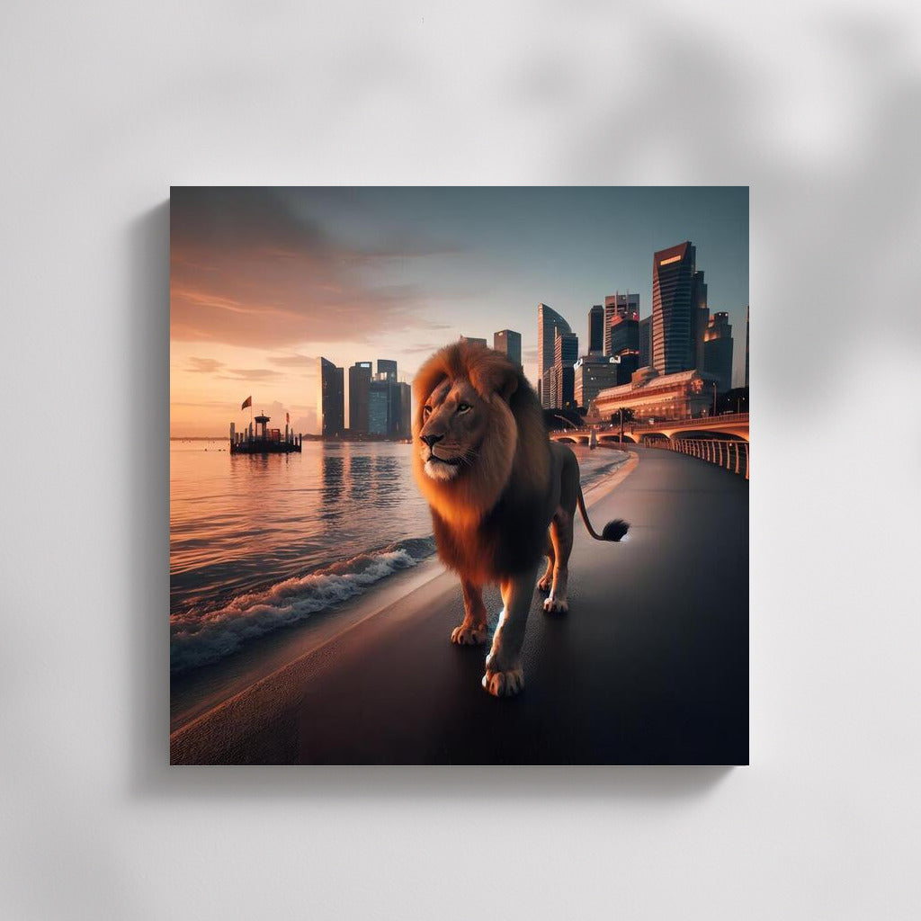 Majestic Lion on the Evening Embankment: City Magic
