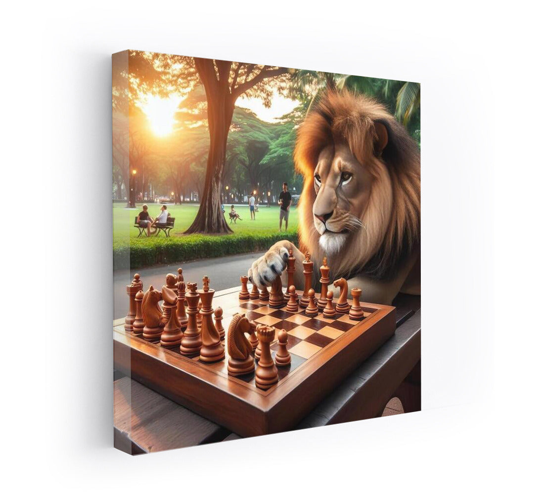 Wise Lion at the Chessboard in the Park: Mysterious Game
