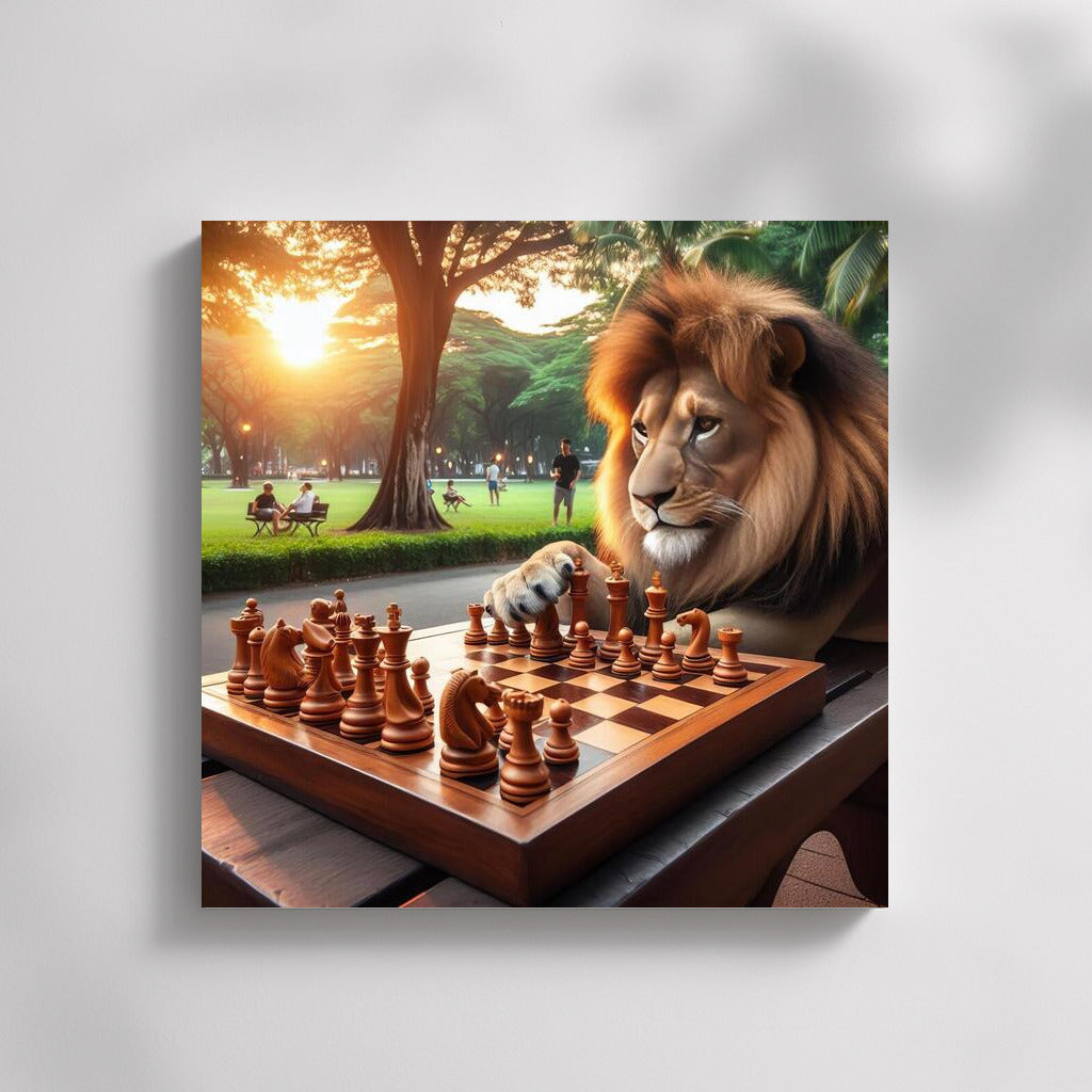 Wise Lion at the Chessboard in the Park: Mysterious Game