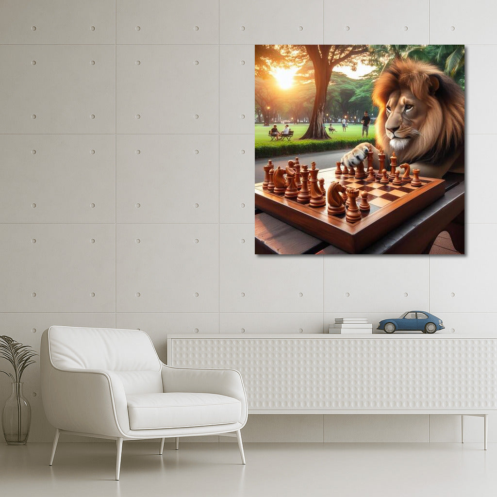 Wise Lion at the Chessboard in the Park: Mysterious Game