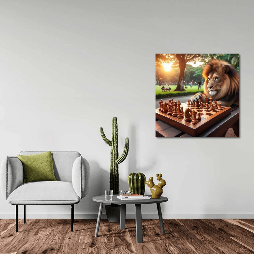Wise Lion at the Chessboard in the Park: Mysterious Game