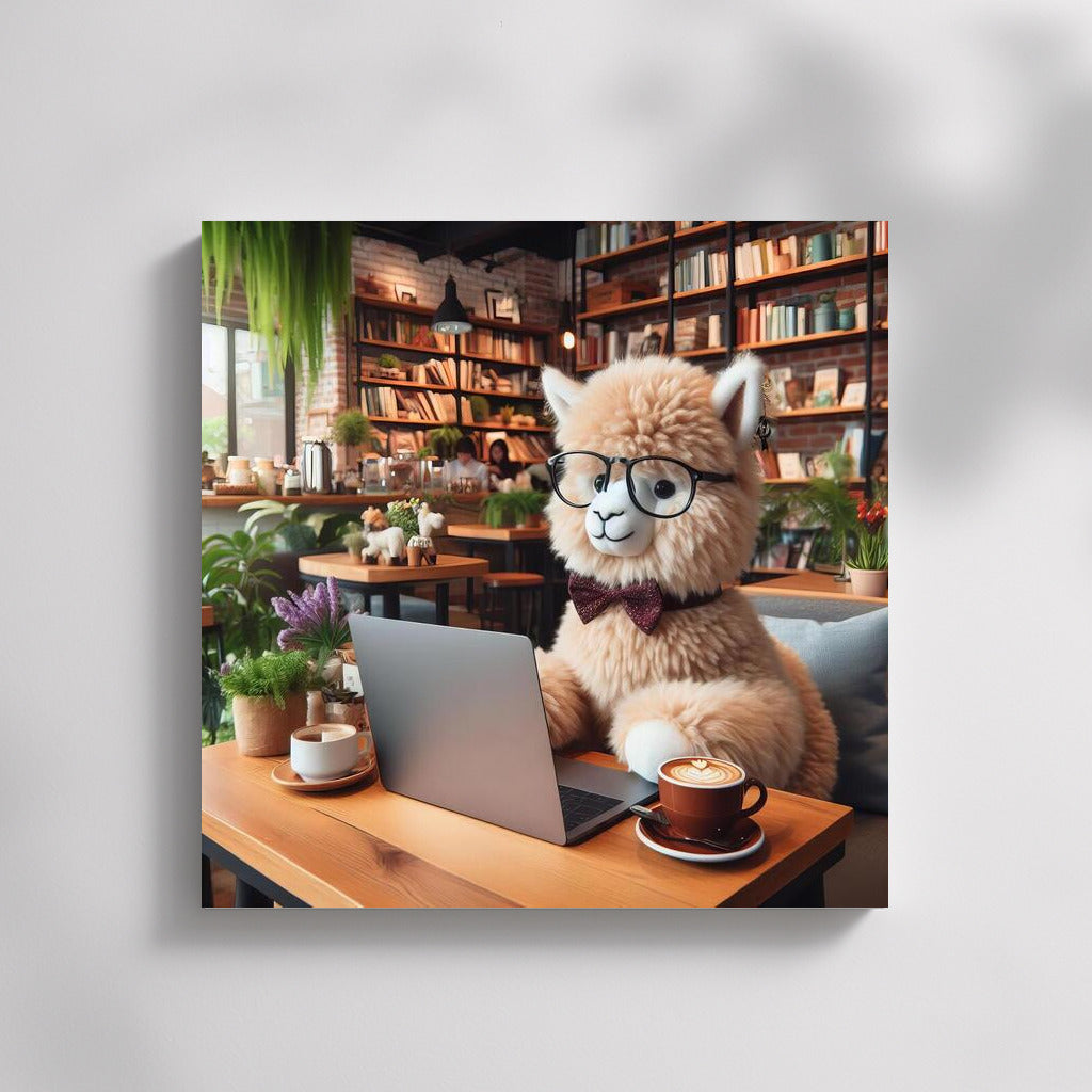 Creative Alpaca Barista at Laptop in Cafe