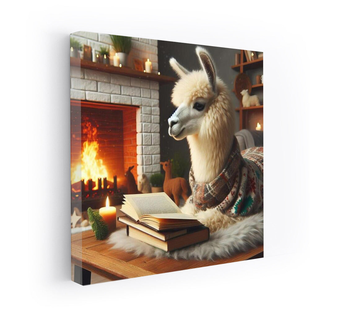 Llama by the Fireplace: Reading in Comfort