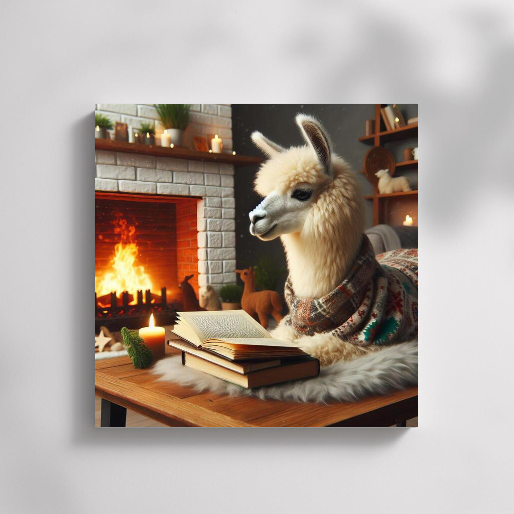 Llama by the Fireplace: Reading in Comfort