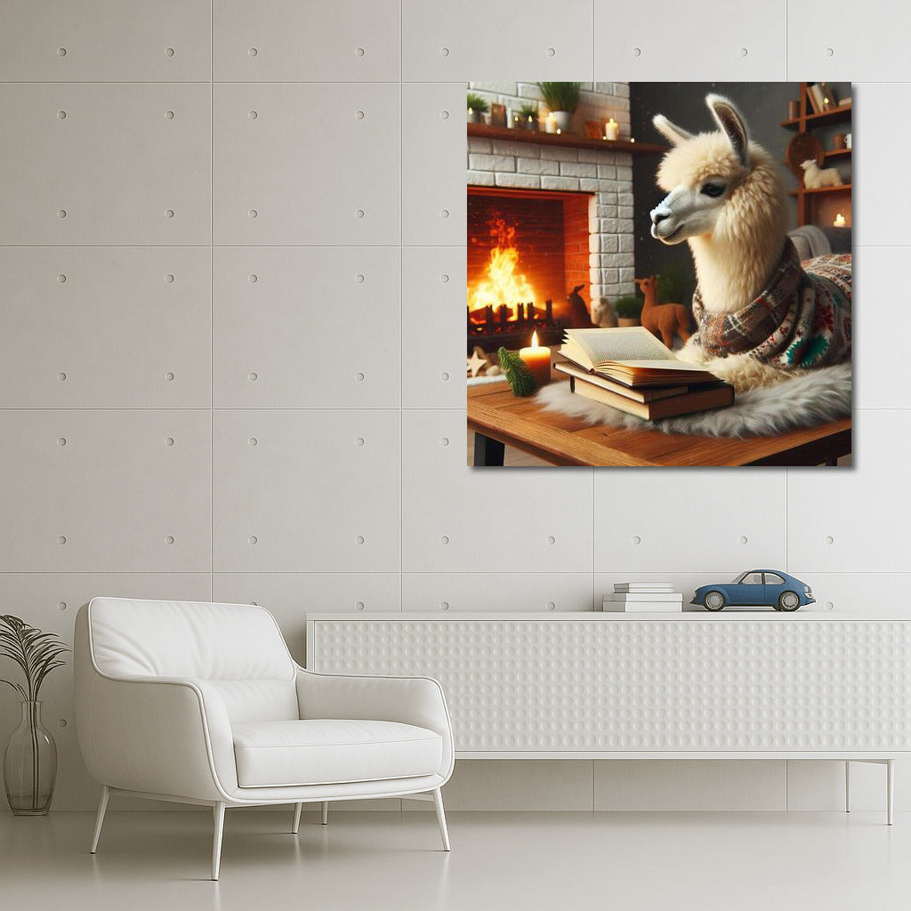 Llama by the Fireplace: Reading in Comfort